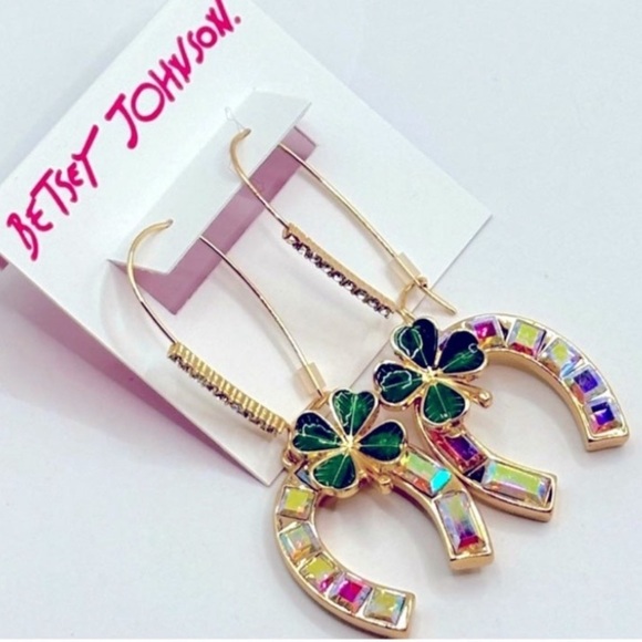 RESERVED BETSEY JOHNSON Lucking Out Horseshoe & Shamrock Crystals Earrings NWT - Picture 5 of 7